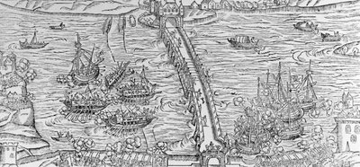 Een reconstructie van een zeeslag uitgevoerd op de rivier de Seine voor Hendrik IV in 1596, illustratie uit 